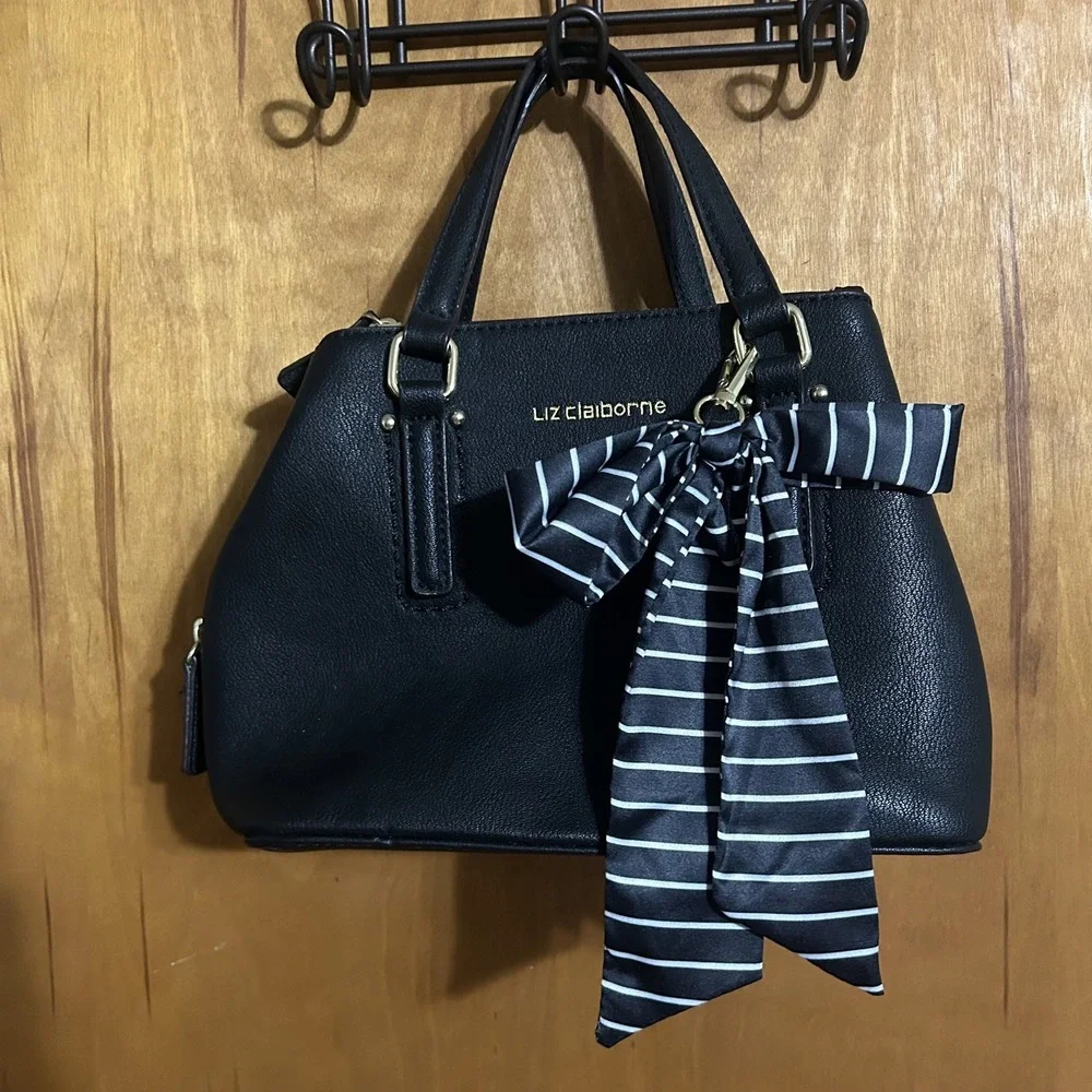 Liz Claiborne Double Hand Bag Purse Bow‎ Gold Accent